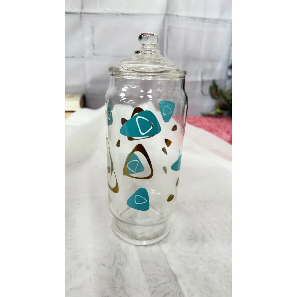 Vintage MCM Atomic Boomerang Glass Canister Jar with Lid Turquoise Gold 9.5in